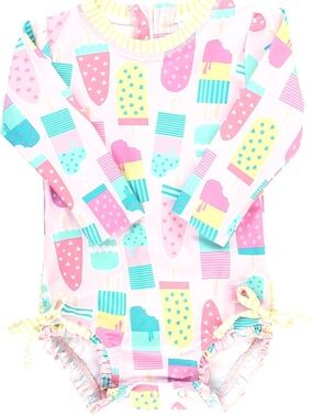 Ruffle Butts Girls Popsicle Print Long-Sleeve Swimsuit